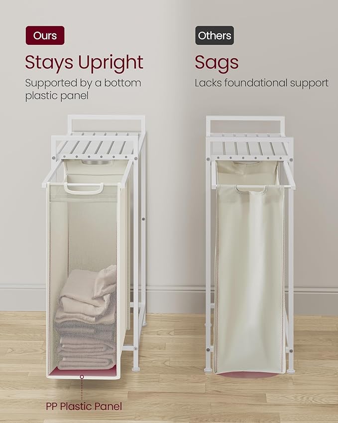 VASAGLE Laundry Hamper, Laundry Basket, Laundry Sorter with a Pull-Out and Removable Bag, Shelf, Metal Frame, 12.4 Gallons (47 L), 16.5 x 11 x 29.5 Inches, Cream White and Cloud White UBLH001W01