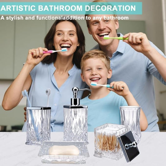 Bathroom Accessories Set,5 Pcs Clear Glass Bathroom Accessory Set,Complete Lotion Soap Dispenser,Toothbrush Holder, Soap Dish,Tumbler & Jar,Modern Bathroom Decor Sets,Gift for Home Apartment,Square