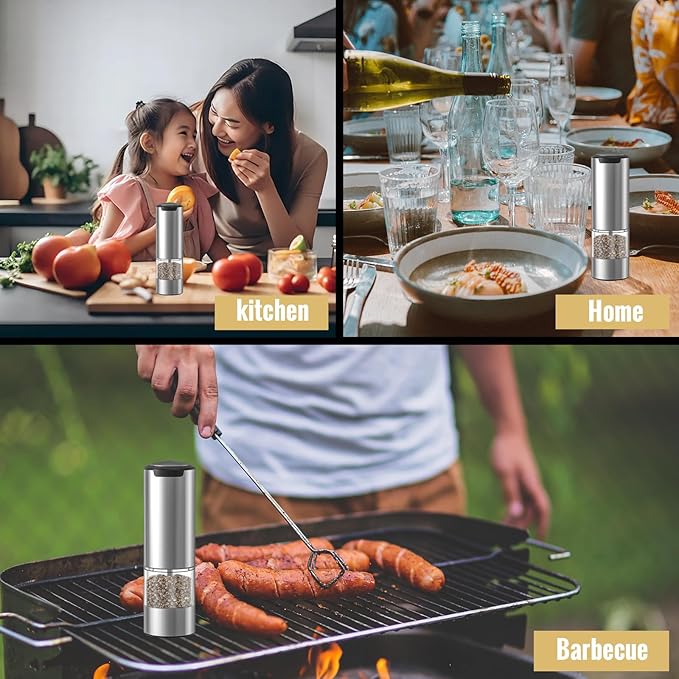 Electric Pepper Grinder, Rechargeable Automatic Pepper Mill Grinder with Led Light, One Hand Operation, Adjustable Coarseness, Stainless Steel, Refillable 70ml, Silver(1 Pack)
