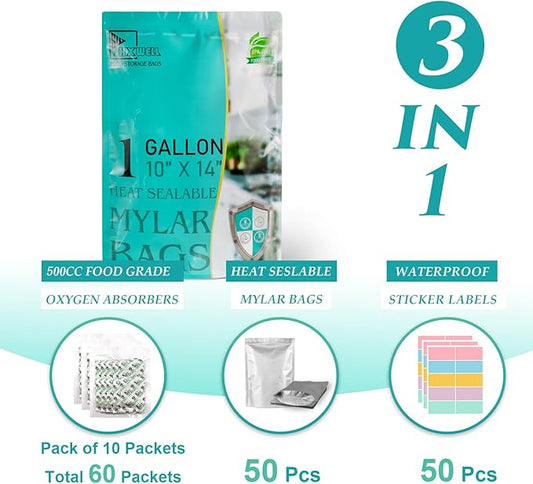 50pcs 1 Gallon Mylar Bags for Food Storage with Oxygen Absorbers 400CC (6 Packs of 10pcs) and Labels, 10 Mil 10"x14" Zipper Pouches Resealable and Heat Sealable for Long Term Food Storage (50 Bags)
