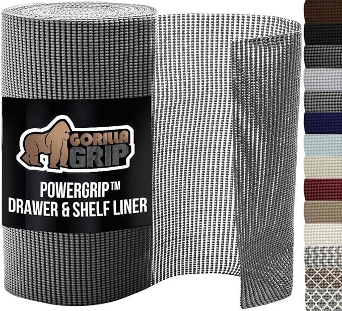 GORILLA GRIP powerGRIP Drawer Shelf and Cabinet Liner, Thick Strong Hold, Non-Adhesive Liners Protect Kitchen Cabinets and Cupboard, Bathroom Drawers, Easy Install, Breathable Mat, 12" x20', Gray