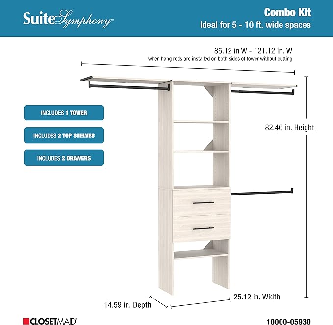 ClosetMaid SuiteSymphony 25-Inch Closet System Tower with (3) Hang Rods, (2) Drawers, and (2) Top Shelves, White Timber