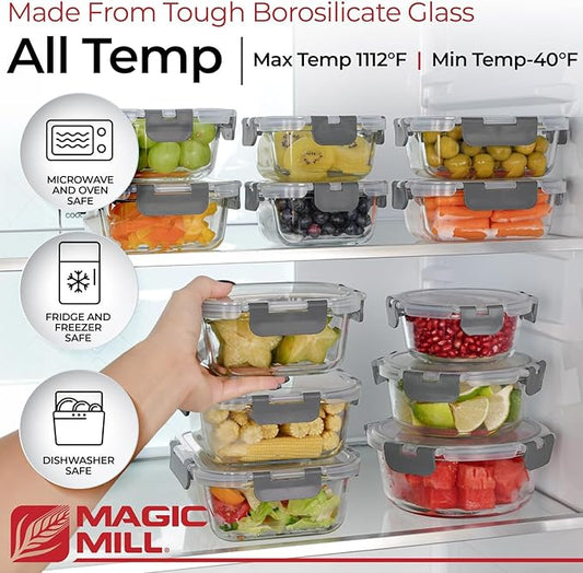 Magic Mill Premium Borosilicate Glass Food Storage Containers with lids Set | 24pc Sets with 12 Bowls & 12 Airtight Locking Lids for Lunch & Meal Prep, Safe for Oven, Freezer, Dishwasher, BPA-Free