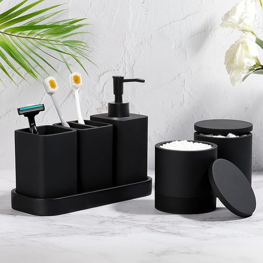 Bathroom Accessories Set, 6 Piece Bathroom Set with Toothbrush Holders, Soap Dispenser, Vanity Tray, Tumbler, Cotton Swab Jars, Bathroom Organizer,Bathroom Sink Sets, Matte Black