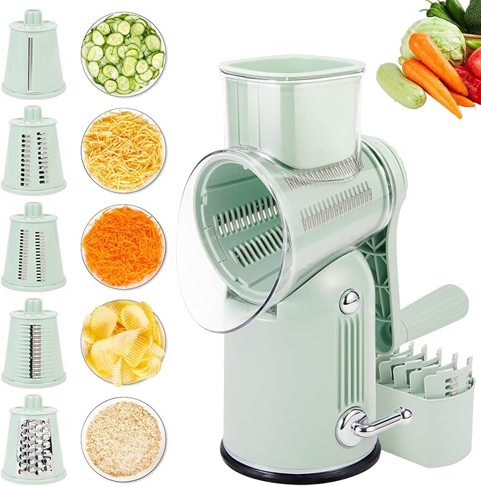 Rotary Cheese Grater with Handle: 5-in-1 Cheese Grater Hand Crank, Strong Suction Base for Fruit Vegetables Nuts with Blade Storage Box (Green)