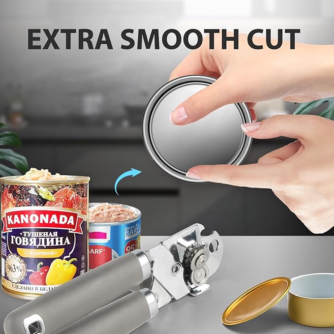 Can Opener Manual, Heavy Duty Handheld Strong Can Opener with Soft Touch Handle, Sharp Blade Smooth Edge, Can Openers with Multifunctional Bottle Opener, Gray