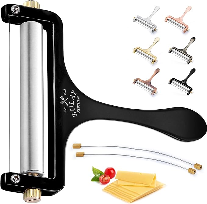 Zulay Kitchen Stainless Steel Wire Cheese Slicer - Adjustable Hand Held Cutter with 2 Extra Wires - Premium Cheese Shaver For Mozzarella, Cheddar, Gruyere - Black