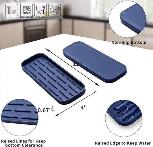 Silicone Kitchen Sink Organizer Tray for Multiple Usage,Eco-Friendly Sponges Holder for Kitchen Bathroom Counter or Sink,Dish Soap Dispenser,Scrubber,Bottle,Cup (Navy Blue, 12"Γ4")