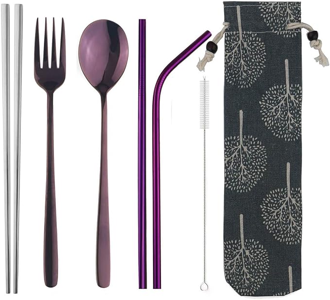 304 Stainless Steel Flatware Set Reusable Utensils Set with Straws Portable Travel for Camping Hiking,Dishwasher Safe,Set of 7, Mirror Purple