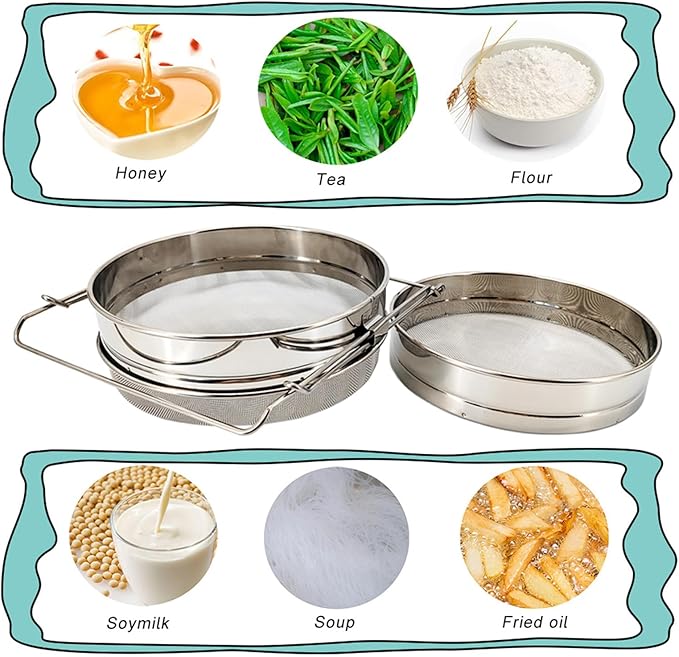 Double Sieve Honey Strainer for 5 Gallon Bucket Stainless Steel Honey Filter with Up to 16.5 inches Extendable Arms Honey Processing Equipment