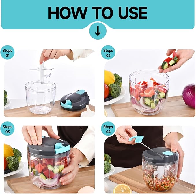 Manual Food Processor Vegetable Chopper, Portable Hand Pull String Garlic Mincer Onion Cutter for Veggies, Ginger, Fruits, Nuts, Herbs, etc., (900ml,Gray-blue)