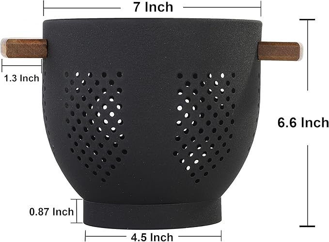 Metal Colander with Wood Handle and Stable Base, Powder Coated Steel Kitchen Strainer Basket for Draining Pasta, Vegetable and fruit(3quart,Matte Black)