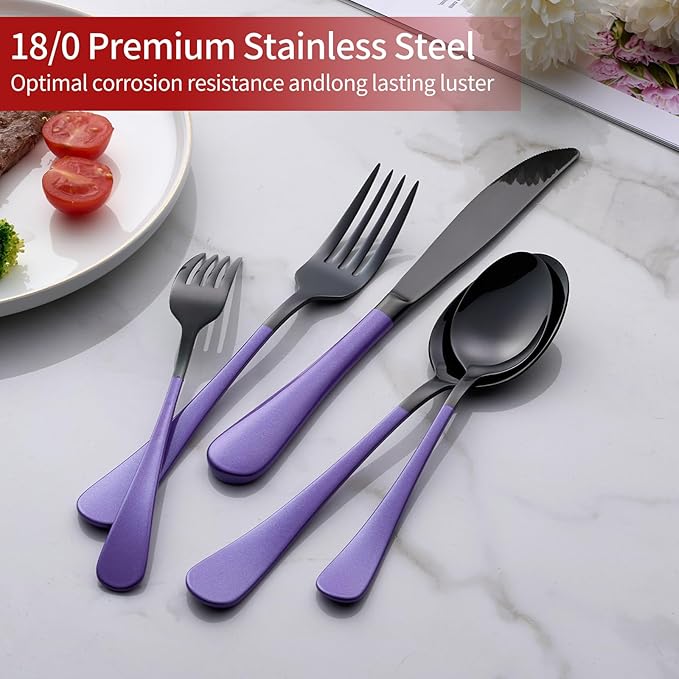 20-Piece Black Silverware Set 18/0 Stainless Steel Flatware Purple Handle Cutlery Set Service for 4 Dinner Knives Forks Spoons Set Mirror Finish Dishwasher Safe