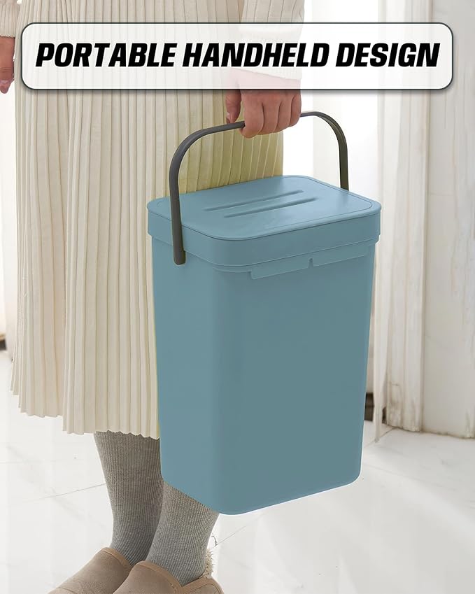 Kitchen Compost Bin - 3.2 Gallons Hanging Trash Can with Lid for Kitchen Bathroom, Under Sink Trash Can, Outdoor Compost Bucket with Lid, 12L(Subtle Blue)