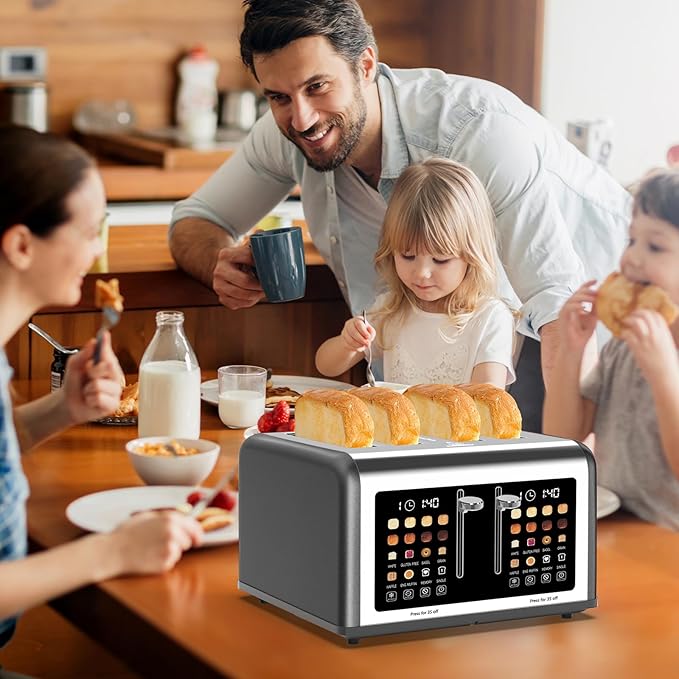 4 Slice Toaster Touch Screen, Stainless Steel Toasters Digital Timer, Dual Control Panel Toasters, 8 Shade Settings 6 Bread Types for Bagel, Cancel, Defrost 1650W Grey