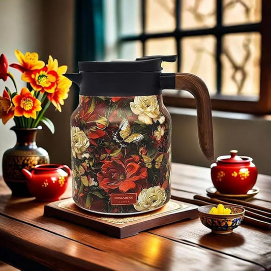 1000ml Smart Temperature Control Vintage Floral Tea Thermos Stainless Steel Insulated Mug with Built-In Filter Double Wall Vacuum Travel Tumbler for Hot Cold Drinks (Red flower)