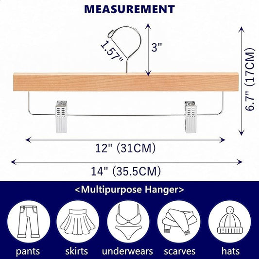 Amber Home 24 Pack Natural Wooden Pants Hangers with Clips, Wood Skirt Hangers Trouser Hangers for Jeans, Slacks, Shorts with 2-Adjustable Clips