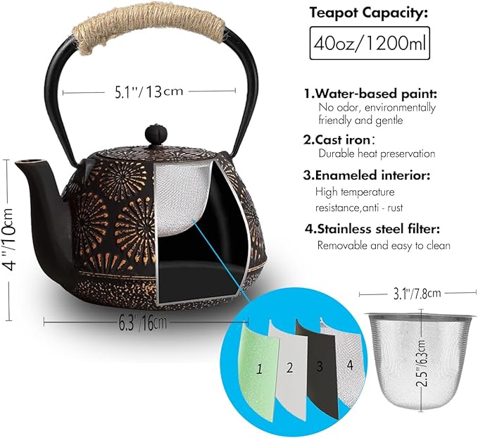 Japanese Tetsubin Cast Iron Teapot, 40oz (1200ml) Enamel-Coated Stovetop Kettle with Stainless Steel Infuser & Heat-Resistant Handle, Traditional Iron Pot for Tea Ceremony (Black Gold)