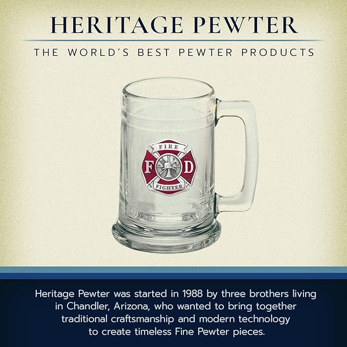 Heritage Pewter Firefighter Beer Stein Glass | 15 Ounce German-Style Beer Glass | Intricately Crafted Metal Pewter Alma Mater Inlay