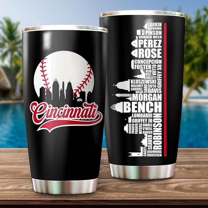 Legends Cincinnati Baseball City Skyline Tumbler - Coffee Mug Insulated Tumbler With Lid - Mother's Day, Father's Day, Birthday, Christmas Gifts For Fans - 20 Oz| Stainless Steel