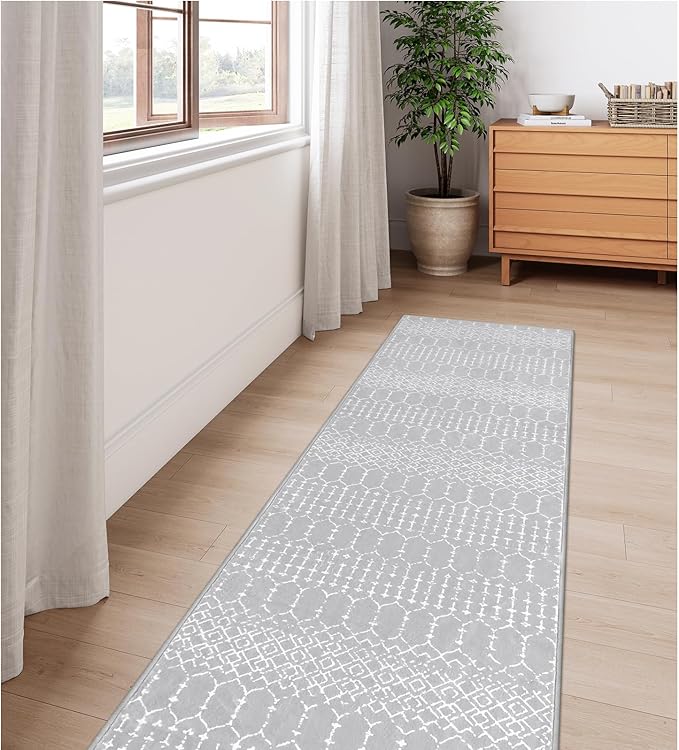 Lahome Moroccan Washable Rug Runner - 2x10 Non-Slip Runner Rug for Kitchen Stain Resistant Grey Carpet Runners for Hallway 10 Ft, Modern Geometric Print Soft Floor Carpet for Bathroom Entryway Foyer
