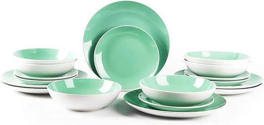 Stoneware Coupe Shape 18pc Dinnerware Set, Outside White + Inside Teal
