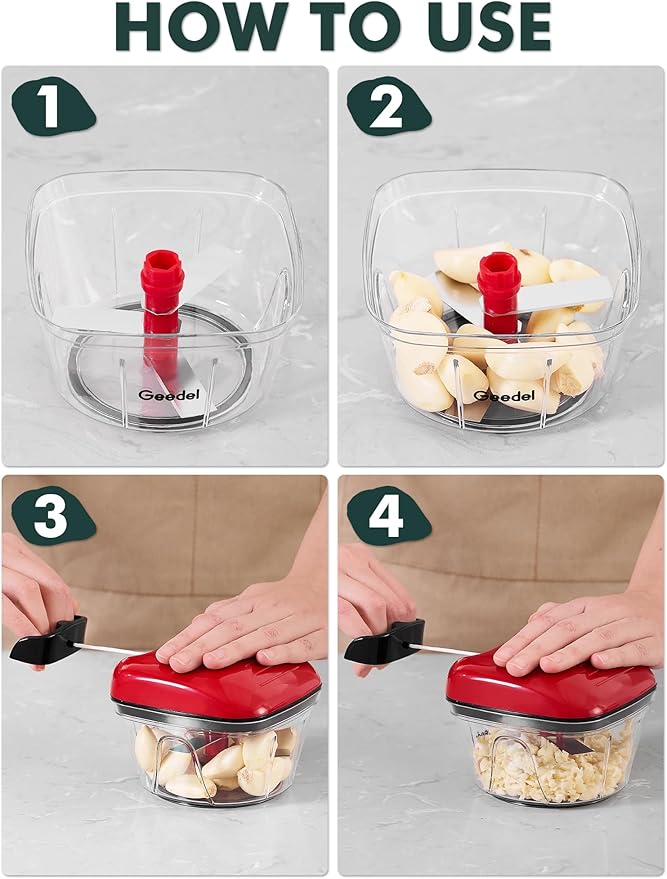 Manual Food Processor Vegetable Cutter, Geedel Pull Chopper with String, Food Chopper Vegetable Cutter for Veggies, Fruits, Salad, Onion, Nuts, Herbs, etc, 2 Cup(500ml), Red