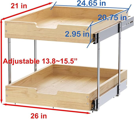Wood Pull Out Cabinet Organizer 2 Tie 26" W x 21" D, Heavy-Duty Sliding Drawers for Inside Cabinets Storage and Organization for Kitchen, Pantry, Bathroom