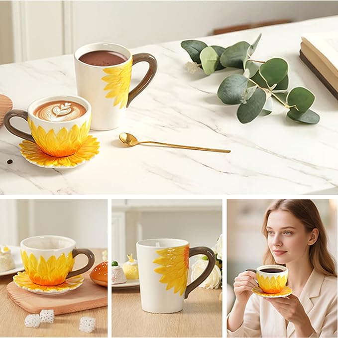 Ceramic Coffee Mug Set of 2-Sunflower Coffee Cups Set Include 15 oz Large Coffee Mug,9 oz Wide Cappuccino Cup with Saucer,3D Novelty Coffee Cups for Tea,Latte,Hot Cocoa,Milk,Birthday/Christmas Gifts