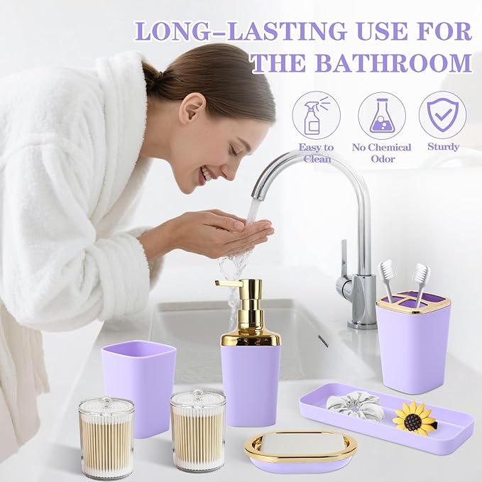 Purple Bathroom Accessories, 24 Pieces Purple and Gold Bathroom Accessories Set with Shower Curtain, Bath Towels, Trash Can, Soap Dispenser and Soap Dish for Bathroom/Housewarming