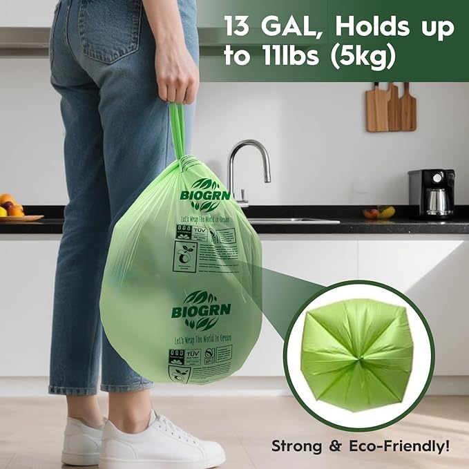 10-13 Gallon Compostable Trash Bags with Handles 30 Bags compost bags Food Scrap Green Waste Bags Thick 0.87 Mil 49.21 Liter ASTM D6400, US BPI and OK Compost Home Certified