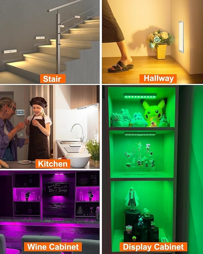 Diomart Under Cabinet Lighting Wireless, RGB Rechargeable Motion Sensor Light Indoor Night Lights, 58 -LED Remote Control Under Counter Lightis for Kitchen, Wardrobe, Hallway, Stairs, Desk(4 Pack)