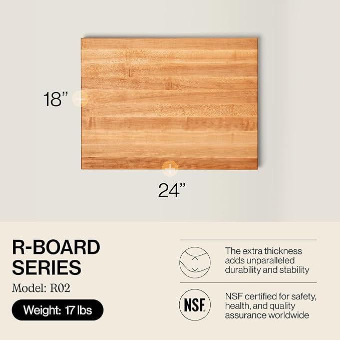 John Boos R-Board Series Rectangular Wooden Maple Cutting Board 24”x18” – 1.5” Thick, 18-lb Reversible Butcher Block with Edge-Grain & Finger Grips – Made in the USA