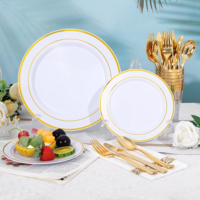Supernal 800Pcs Gold Plastic Dinnerware Set, White Elegant Plastic Plates, Heavy Duty Disposable Plates Serve 100 Guests Including Dinner & Dessert Plate, Gold Silverware, Cups and Napkins for Wedding