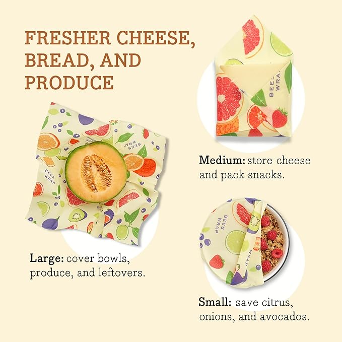 Bee's Wrap Beeswax Wraps for Food - Made in USA Reusable & Organic Food Wraps, Sandwich Wrap & Bowl Covers - Eco-Friendly Alternative to Aluminum Foil & Plastic Wrap, Fresh Fruit 3 Pack (S, M, L)
