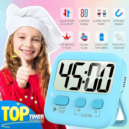 Antonki 2 Pack Digital Timer for Kids, Magnetic Countdown Kitchen Timers for Cooking, Egg, Classroom, Teacher, Exercise, Study, Oven - Battery Included