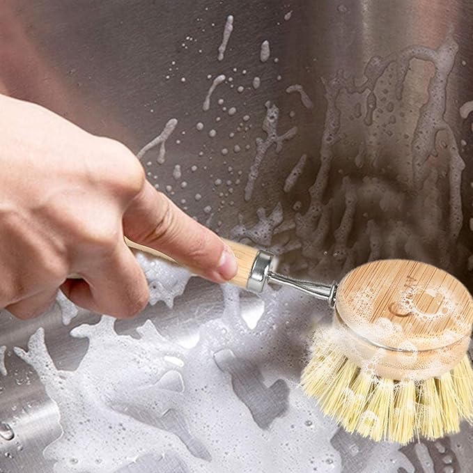 Bamboo Dish Brush with Handle 4 Replacement Heads, Eco Friendly Vegetable Scrubber, Compostable & Sustainable, Bamboo Dish Scrubber Brush for Cleaning Kitchen Utensils(Soft Bristles)