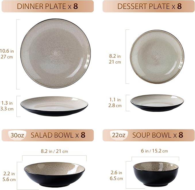 Plates and Bowls Sets for 8 - CJDC-QUELO 32-Piece Stoneware Dinnerware Sets, Ceramic Dishware Set for Indoor Kitchen Use and Formal Dining, Chip and Scratch Resistant Microwave Dishwasher Safe, Brown