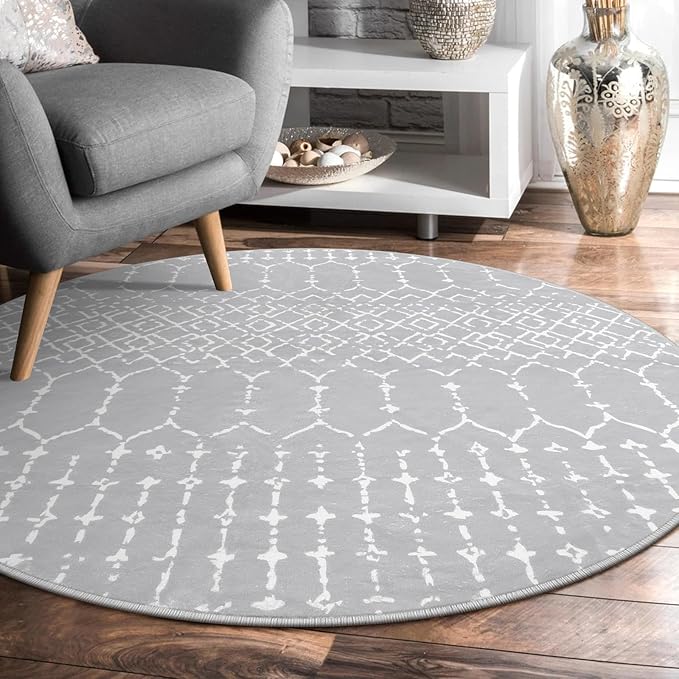 Lahome Moroccan Round Washable Rug - 3Ft Small Circle Soft Non-Slip Grey Bathroom Rug, Stain Resistant Low Pile Entryway, Modern Geometric Print Indoor for Kitchen Sofa Doorway