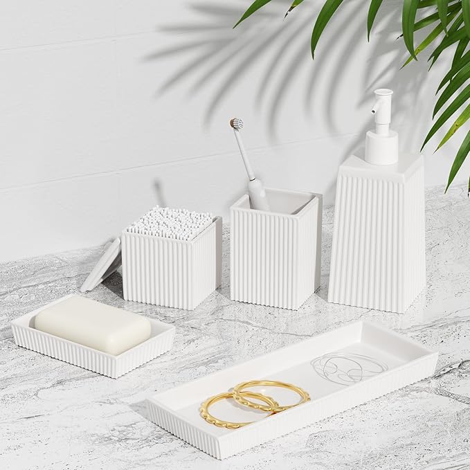 Bathroom Set - White Bathroom Accessories Set, 5PCS Ceramic Bathroom Accessory Set, Bathroom Sets with Soap Dispenser, Toothbrush Tumbler, Soap Dish, Q-tip Holder & Vanity Tray