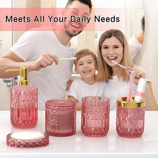 New Pink Bathroom Accessories Set, 5 Pcs Clear Glass Bathroom Accessories Sets with Lotion Soap Dispenser, Soap Dish, Toothbrush Holder, Bathroom Tumbler, Cotton Swab Jars, Perfect for Bathroom Decor