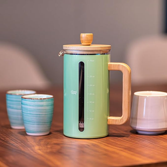 French Press 34 oz Coffee Maker, Mint Green Thick Borosilicate Glass, Bamboo Handle, 2-Layer Stainless Filter and cover, Easy Clean, Eco-Friendly Gift ready Set