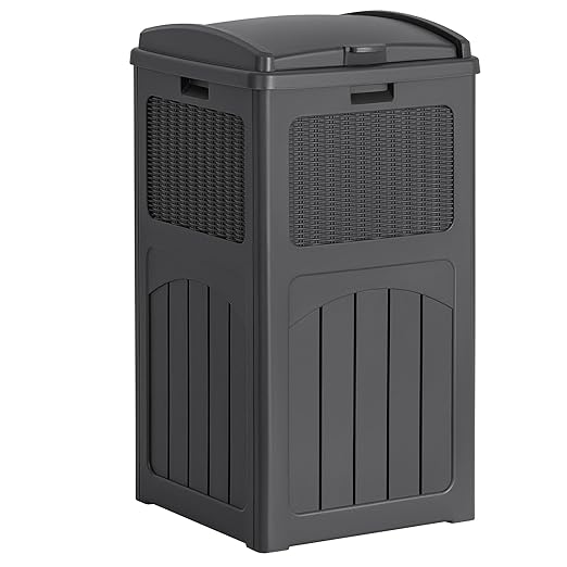 Flamaker 30 Gallon Trash Can, Resin Outdoor Garbage Can with Lid, Waterproof Hideaway Patio Waste Bins for Outside Use (Gray)