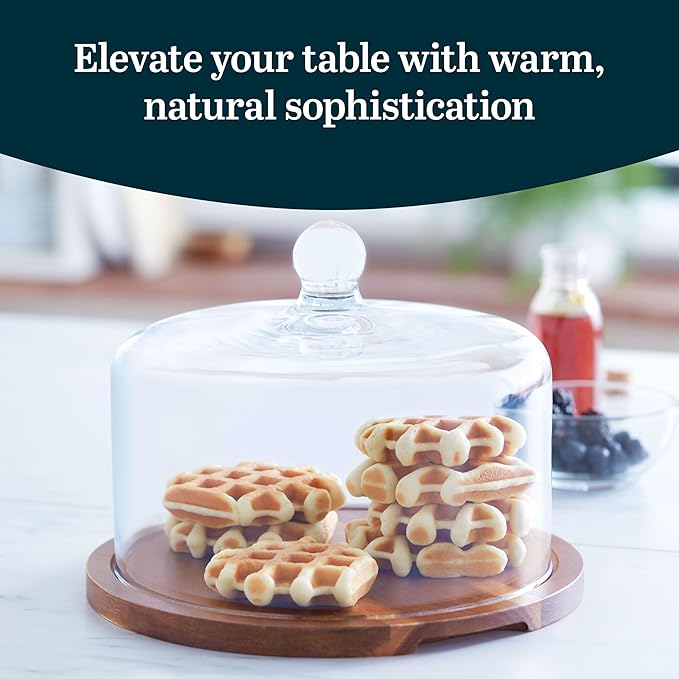 Libbey Acacia Wood Cake Stand with Dome Lid, Ball Top Handle Cake Holder with Lid, Covered Cake Stand, Durable Glass Dome Cover