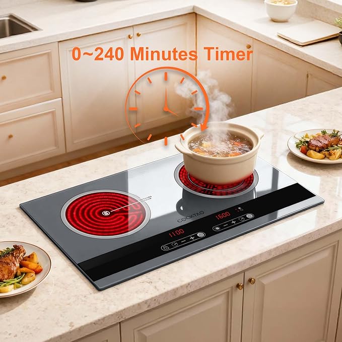Dual Coil Design of 2 Burner Electric Cooktop, 1800W Ceramic Hot Plate for Cooking, Infrared Double Burner Portable Countertop or 24inch Built-in Radiant Stove Top Cooker, Compatible with All Cookware
