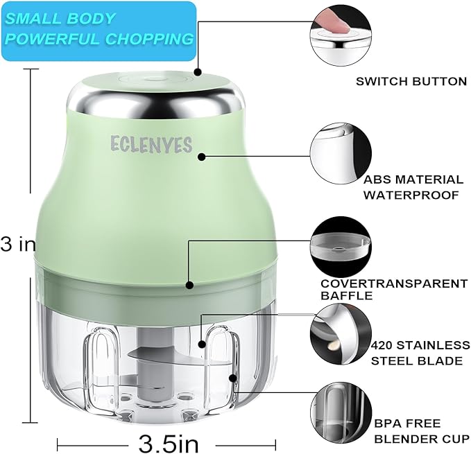 Vegetable Chopper, 100ML Electric Garlic Chopper, Rechargeable Mini Blender, Powerful Small Food Processor, Blender to Vegetable, Wireless Food Cutter for Ginger, Chili, Fruit, Meat, etc(Green)
