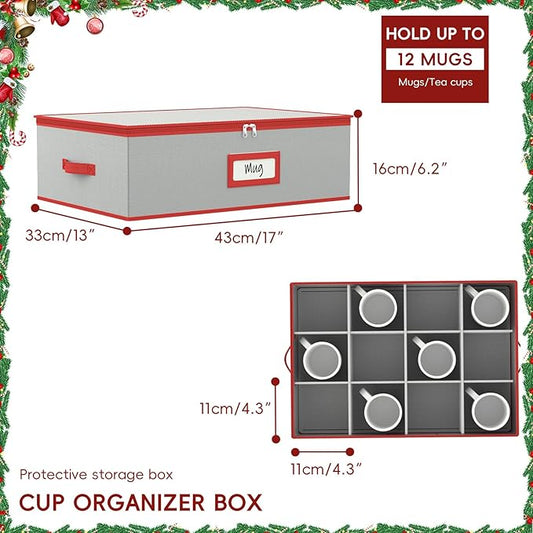 homyfort Coffee Mug Storage Box, China Cup Storage Organizer Containers Hard Shell Stackable with Dividers Holds 12 Coffee Mugs and Tea Cups