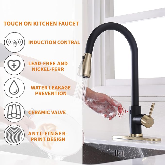 Touchless Kitchen Faucet with Pull Down Sprayer, Motion Sensor Kitchen Faucet with Kitchen Soap Dispenser, Single Handle High Arc Pull Out Faucet for Kitchen Sink,Black and Polished Chrome