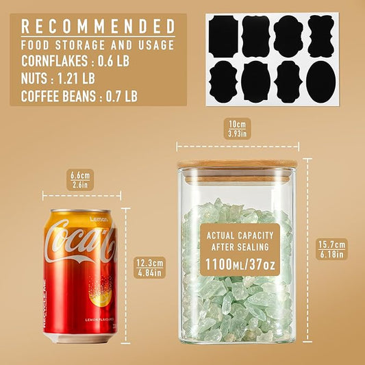 37oz Airtight Glass Square Storage Canisters with Bamboo Lid Set of 6 (1100ml) Stackable Containers, Kitchen Jars for Pantry Noodles, Flour and Coffee beans (with Black Lable)