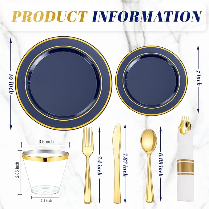 175PCS Blue and Gold Plastic Plates - Navy Blue Plates with Pre Rolled Napkins for Party - 25Guest Disposable Dinnerware Sets for Hanukkah/Party/Hanukkah/Wedding